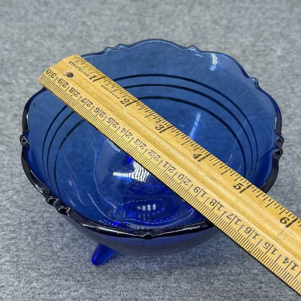 VTG Cobalt Blue Glass Candy Dish Bowl Mt Pleasant 3 Black Stripes 3 Toed READ